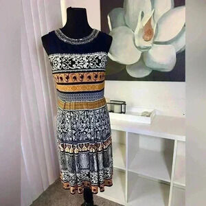 Sandra Darren Navy Blue Gold Mesh Beaded Boho Sleeveless Dress Size 10